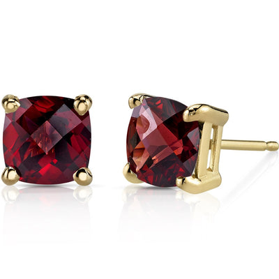 Garnet Stud Earrings 14K Yellow Gold 2.50 Carats Cushion Cut