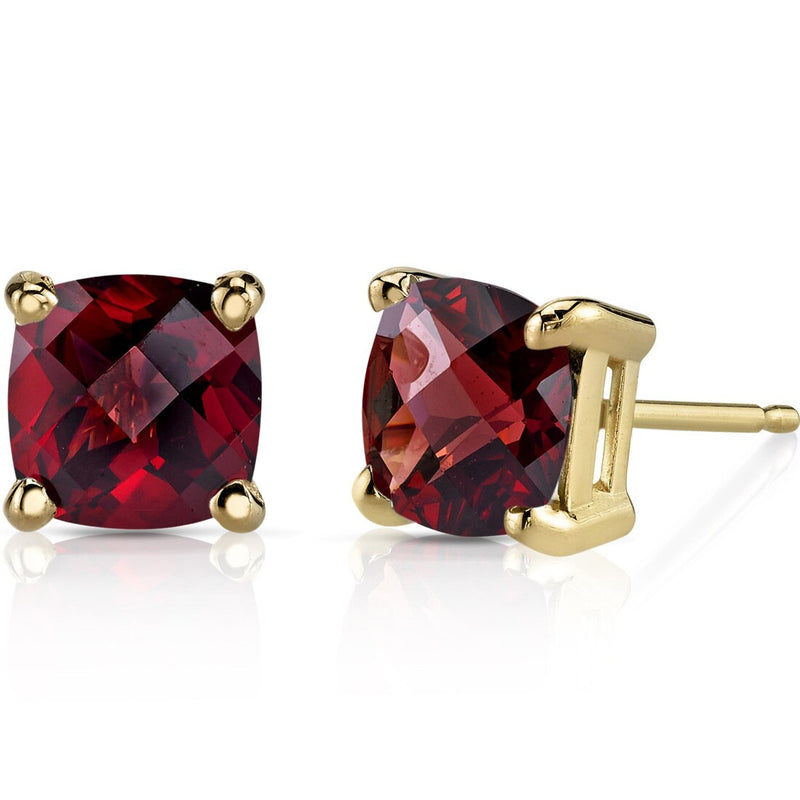 Garnet Stud Earrings 14K Yellow Gold 2.50 Carats Cushion Cut