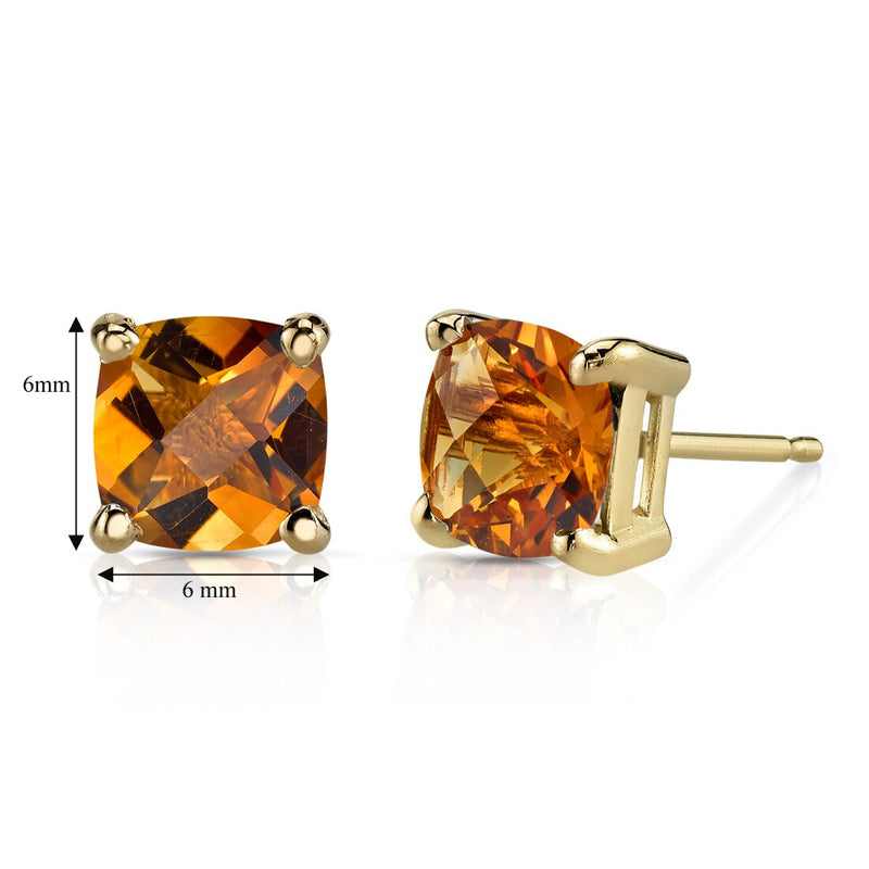 Citrine Stud Earrings 14K Yellow Gold 1.75 Carats Cushion Cut