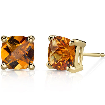 Citrine Stud Earrings 14K Yellow Gold 1.75 Carats Cushion Cut