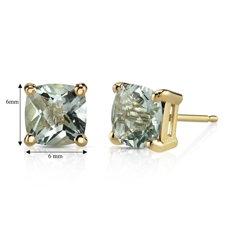 Green Amethyst Stud Earrings 14K Yellow Gold 1.75 Carats Cushion Cut