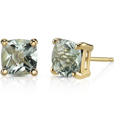 Green Amethyst Stud Earrings 14K Yellow Gold 1.75 Carats Cushion Cut