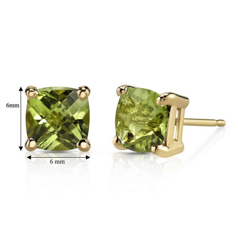 Peridot Stud Earrings 14K Yellow Gold 2.25 Carats Cushion Cut