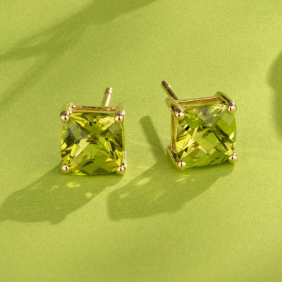 Peridot Stud Earrings 14K Yellow Gold 2.25 Carats Cushion Cut