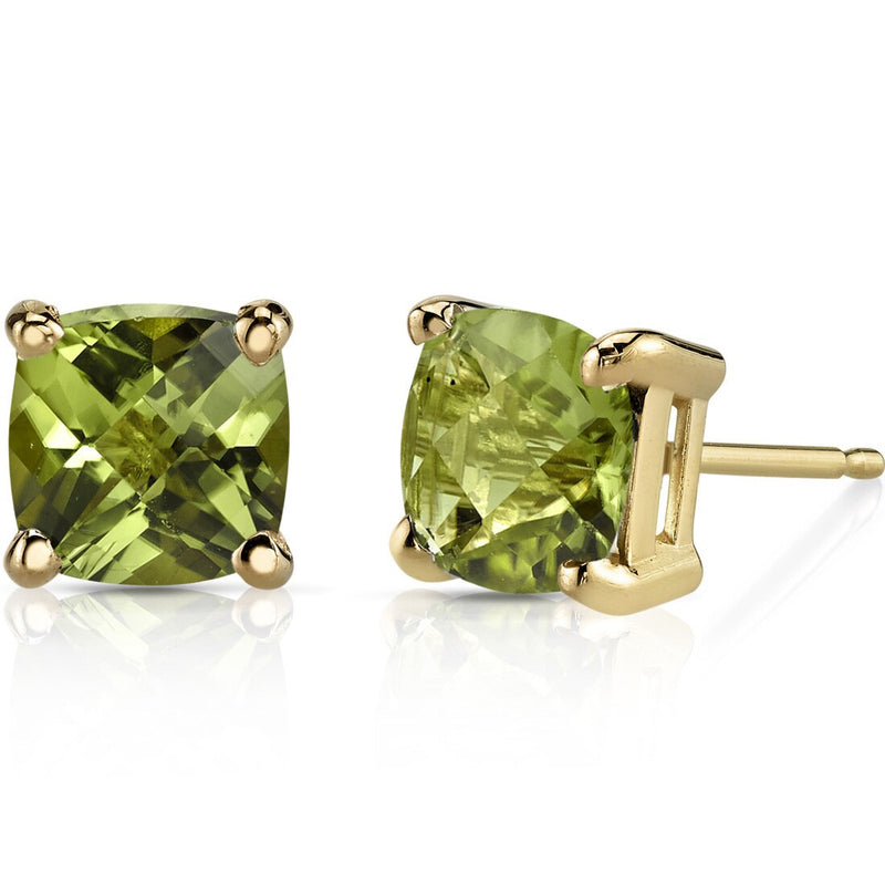 Peridot Stud Earrings 14K Yellow Gold 2.25 Carats Cushion Cut