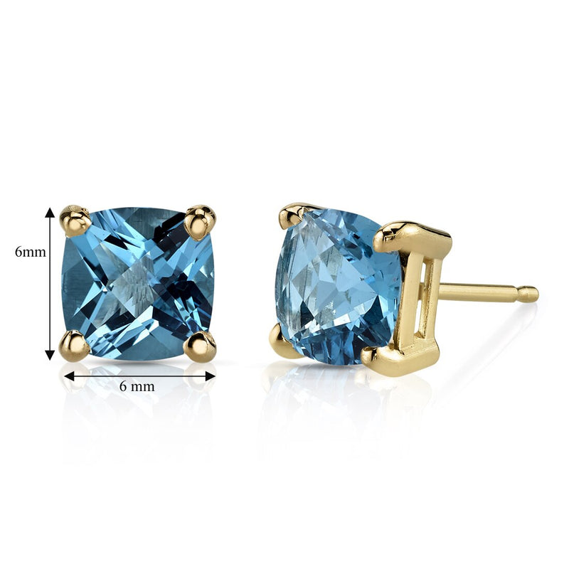 Swiss Blue Topaz Stud Earrings 14K Yellow Gold 2.25 Carats Cushion Cut