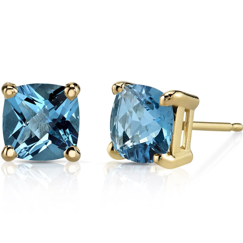 Swiss Blue Topaz Stud Earrings 14K Yellow Gold 2.25 Carats Cushion Cut