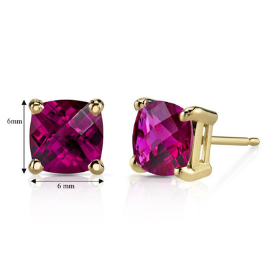 Ruby Stud Earrings 14K Yellow Gold 2.50 Carats Cushion Cut