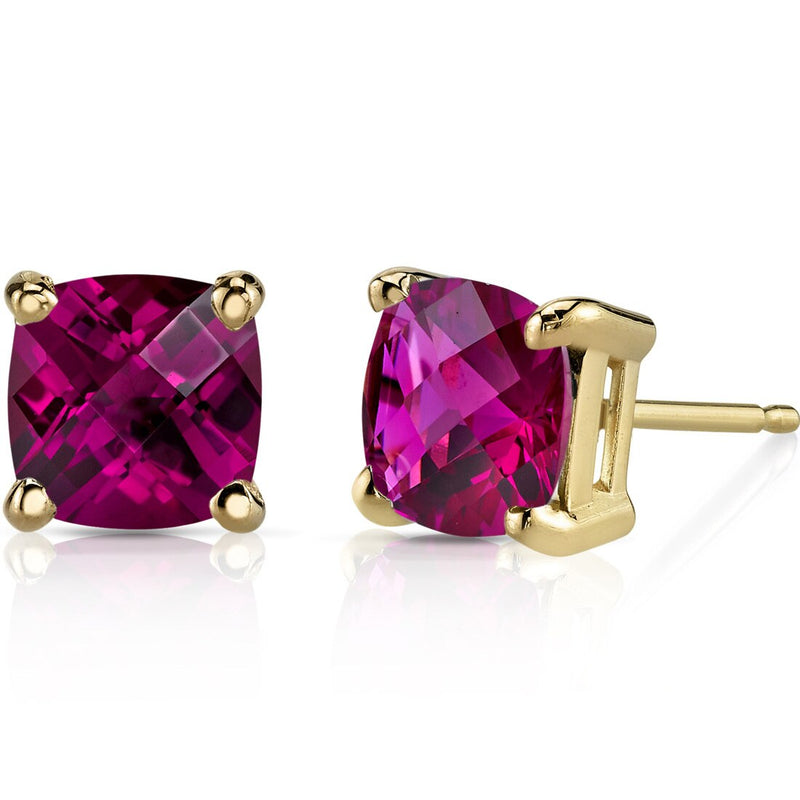 Ruby Stud Earrings 14K Yellow Gold 2.50 Carats Cushion Cut