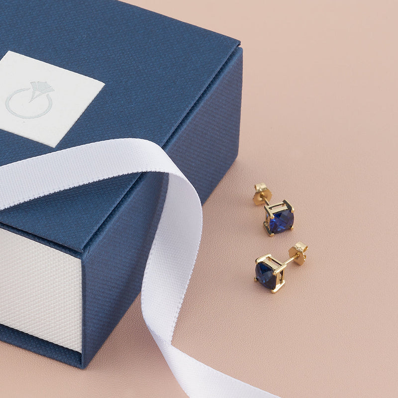 Blue Sapphire Stud Earrings 14K Yellow Gold 2.50 Carats Cushion Cut