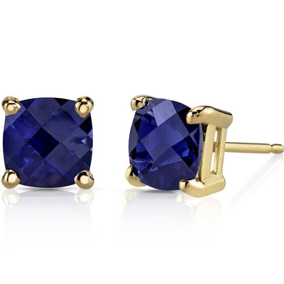 Blue Sapphire Stud Earrings 14K Yellow Gold 2.50 Carats Cushion Cut