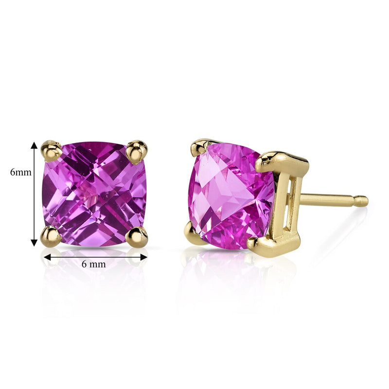 Pink Sapphire Stud Earrings 14K Yellow Gold 2.50 Carats Cushion Cut