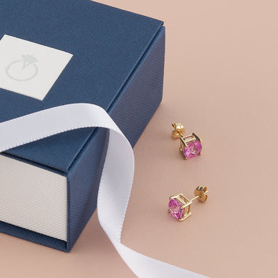 Pink Sapphire Stud Earrings 14K Yellow Gold 2.50 Carats Cushion Cut