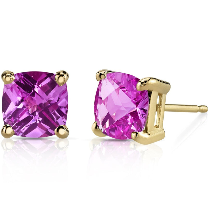 Pink Sapphire Stud Earrings 14K Yellow Gold 2.50 Carats Cushion Cut