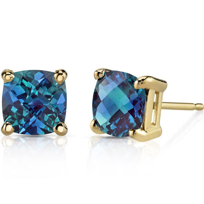 Alexandrite Stud Earrings 14K Yellow Gold 2.50 Carats Cushion Cut