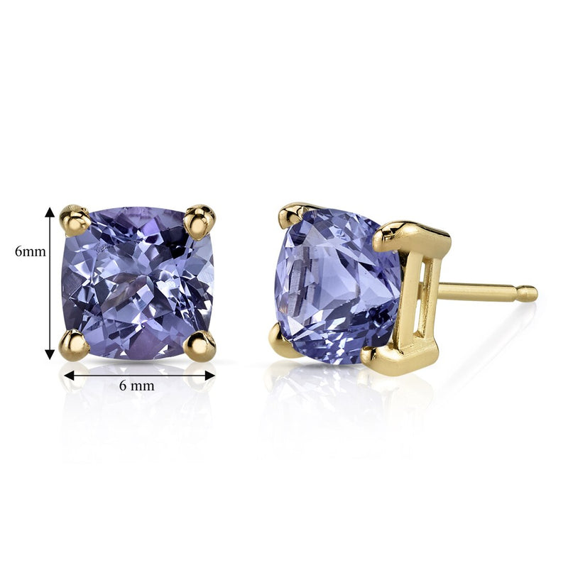 Tanzanite Stud Earrings 14K Yellow Gold 2 Carats Cushion Cut