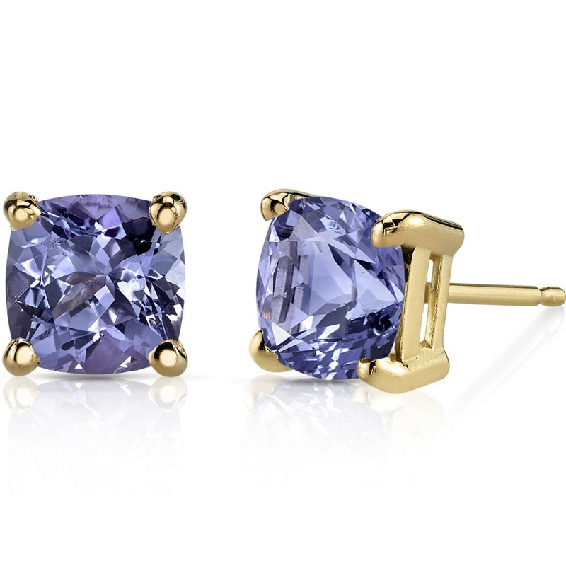 Tanzanite Stud Earrings 14K Yellow Gold 2 Carats Cushion Cut