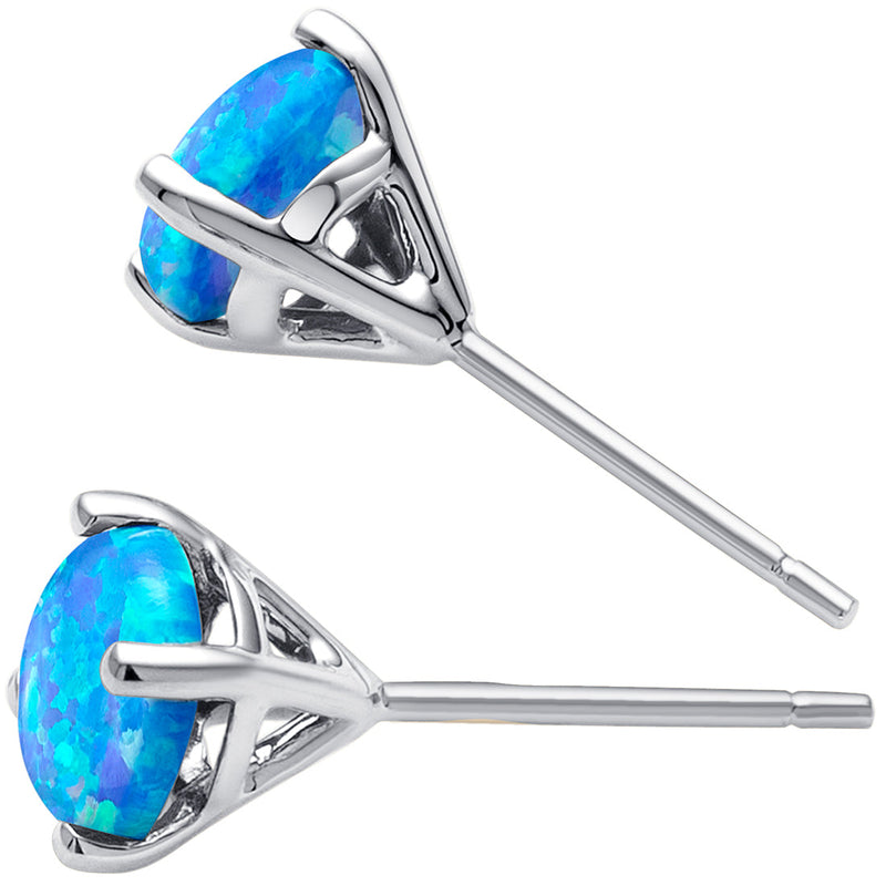 14K White Gold Round Cut Created Blue Opal Stud Earrings