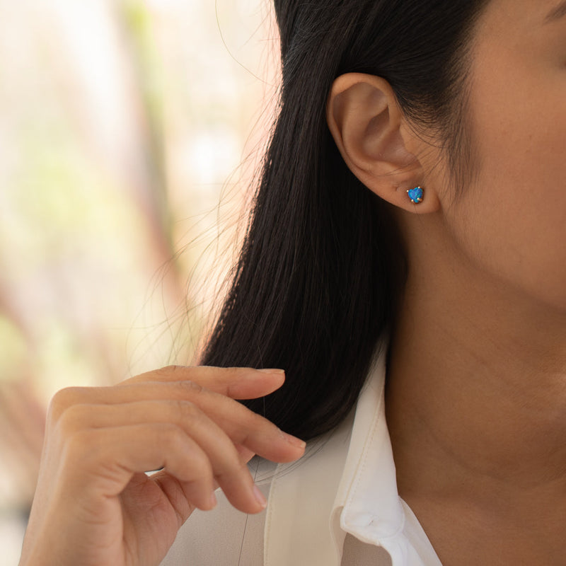 14K White Gold Heart Shape Created Blue Opal Stud Earrings