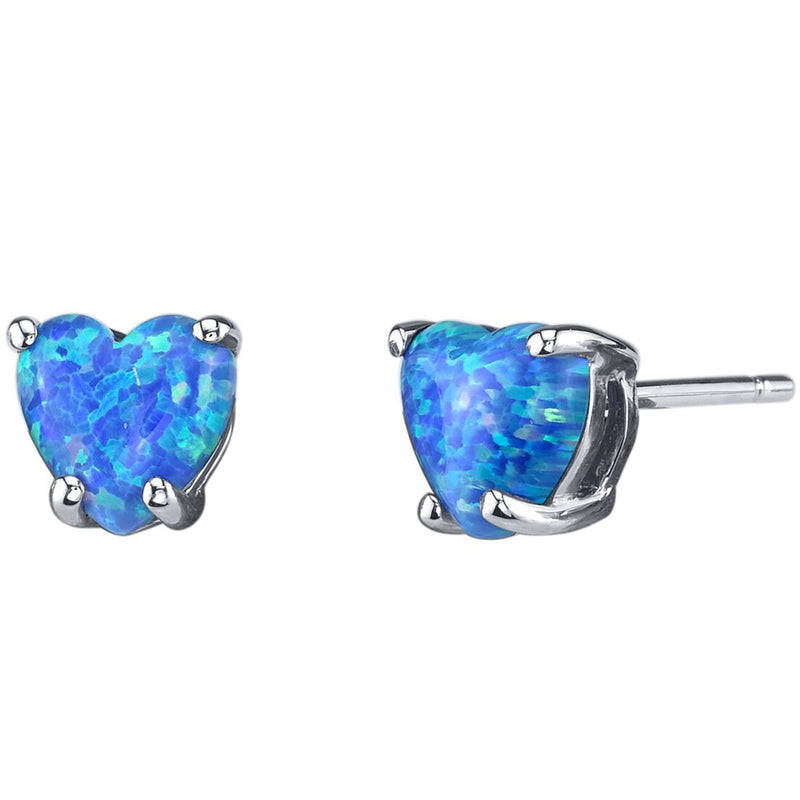 14K White Gold Heart Shape Created Blue Opal Stud Earrings