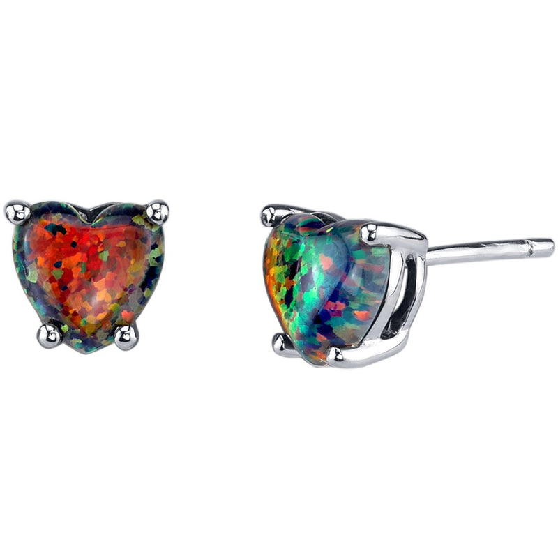 14K White Gold Heart Shape Created Black Opal Stud Earrings