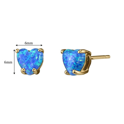 Heart Shape Blue Opal Stud Earrings 14K Yellow Gold 1 Carat