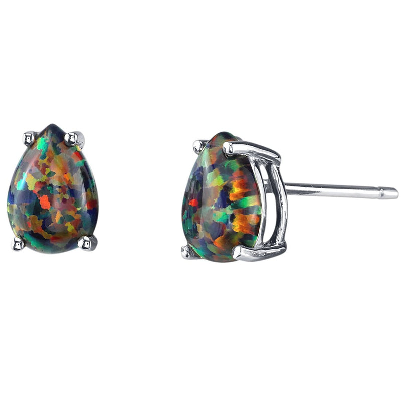 14K White Gold Pear Shape Created Black Opal Stud Earrings