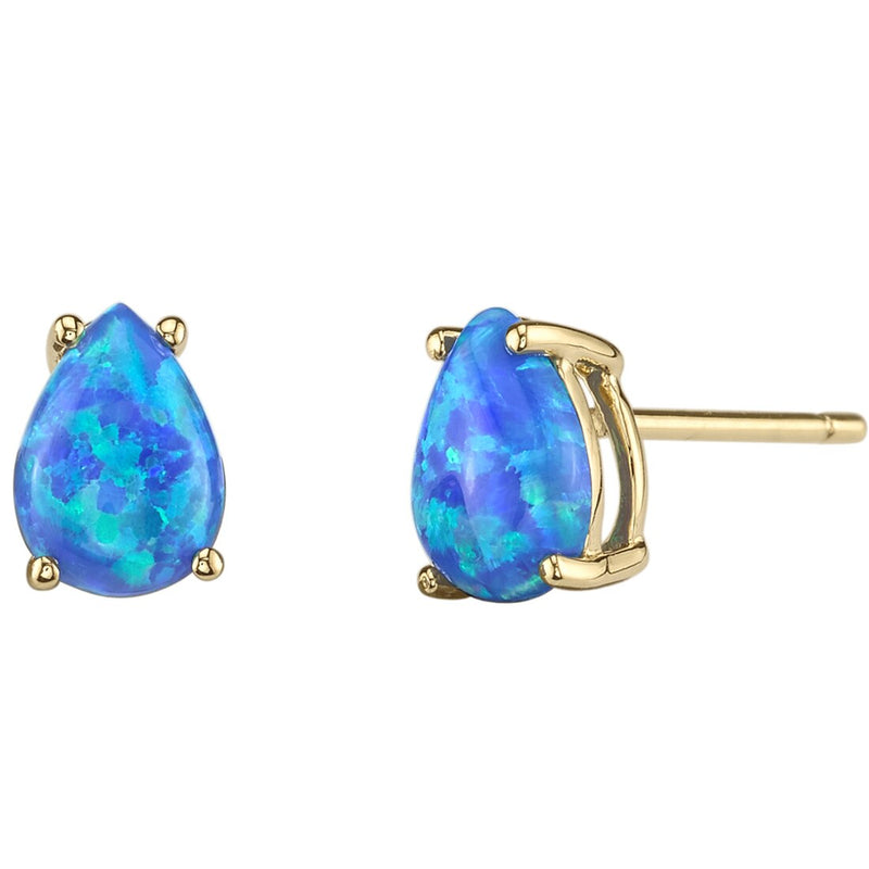 Pear Shape Blue Opal Stud Earrings 14K Yellow Gold 1 Carat