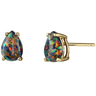 Pear Shape Black Opal Stud Earrings 14K Yellow Gold 1 Carat