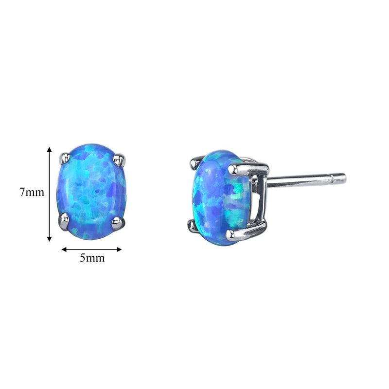 14K White Gold Oval Shape Created Blue Opal Stud Earrings