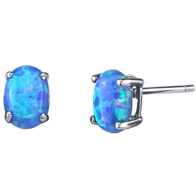 14K White Gold Oval Shape Created Blue Opal Stud Earrings