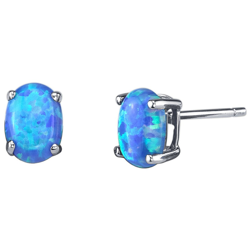 14K White Gold Oval Shape Created Blue Opal Stud Earrings