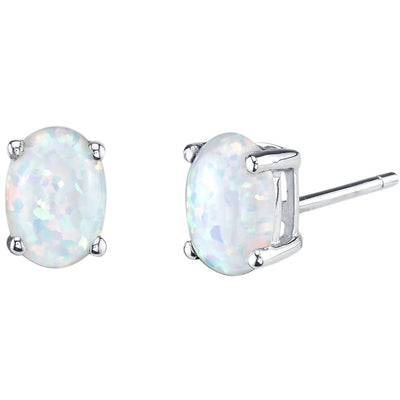 14K White Gold Oval Shape Created Opal Stud Earrings