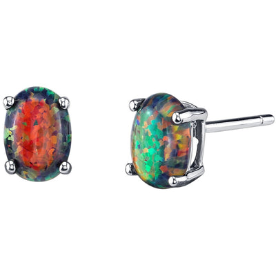 14K White Gold Oval Shape Created Black Opal Stud Earrings