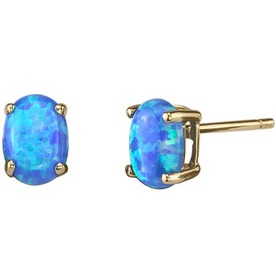 Blue Opal Stud Earrings 14K Yellow Gold Oval Shape 1 Carat