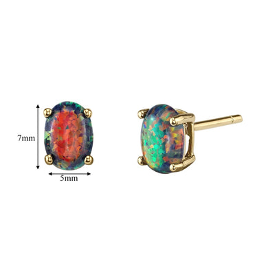 Black Opal Stud Earrings 14K Yellow Gold Oval Shape 1 Carat