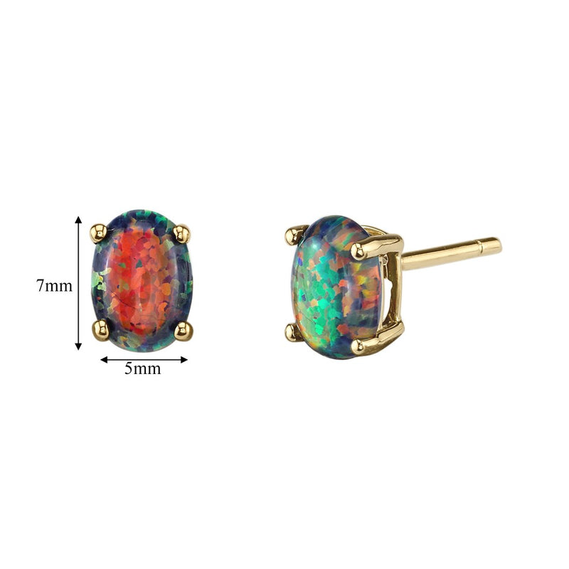 Black Opal Stud Earrings 14K Yellow Gold Oval Shape 1 Carat