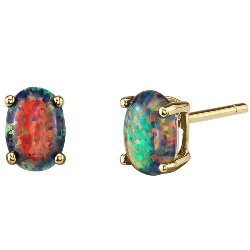 Black Opal Stud Earrings 14K Yellow Gold Oval Shape 1 Carat