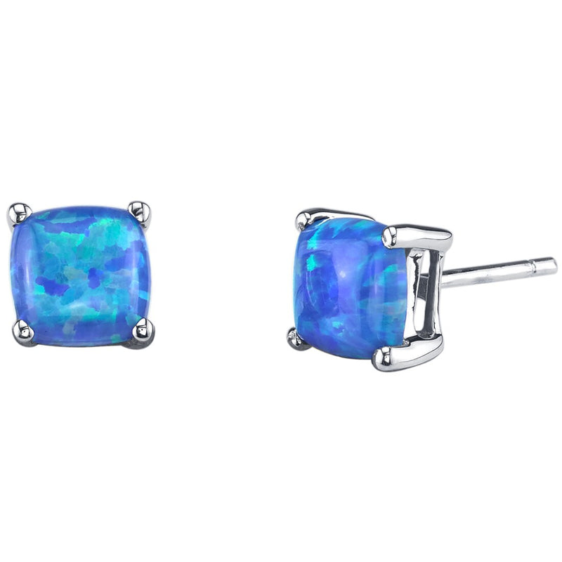 14K White Gold Cushion Cut Created Blue Opal Stud Earrings