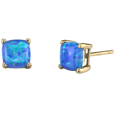 Blue Opal Stud Earrings 14K Yellow Gold Cushion Cut 1 Carat