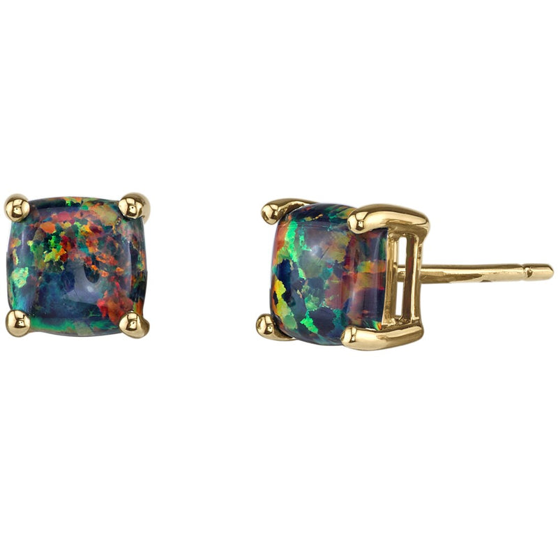 14K Yellow Gold Cushion Cut Created Black Opal Stud Earrings E19206