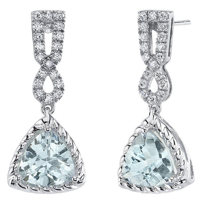 Trillion Shape Aquamarine and Diamond Cable Dangle Halo Earrings 14K White Gold 4.35 Carat Total