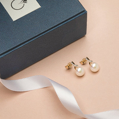 Freshwater Cultured 7mm White Pearl Open Infinity Solitaire Stud Earrings 14K Yellow Gold