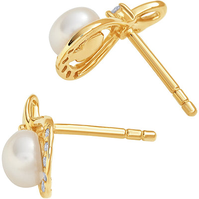 Freshwater Cultured White Pearl Stud Earrings In 14K Yellow Gold Round Button Shape 5Mm Infinity Swirl Solitaire E19268 alternate view and angle