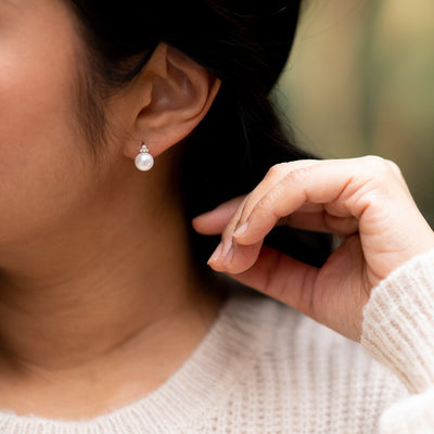 Freshwater Cultured White Pearl Stud Earrings In 14K Yellow Gold Round Button Shape 8Mm Heirloom Solitaire E19282 additional view, angle, and on model