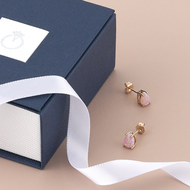 Created Pink Opal Stud Earrings In 14K Rose Gold Pear Shape E19288 complimentary gift box