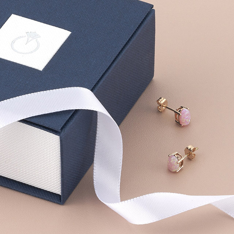 Created Pink Opal Stud Earrings In 14K Rose Gold Oval Shape E19290 complimentary gift box