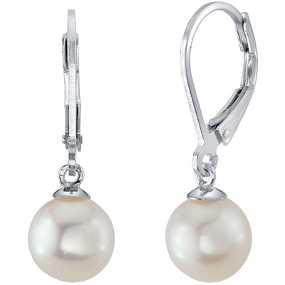 8mm Freshwater Cultured White Pearl Leverback Earrings in 14K White Gold