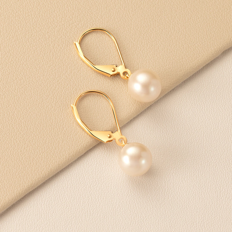 8mm Freshwater Cultured White Pearl Leverback Earrings in 14K Yellow Gold