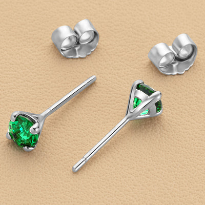 4mm Round Created Emerald Solitaire Stud Earrings in 14K White Gold